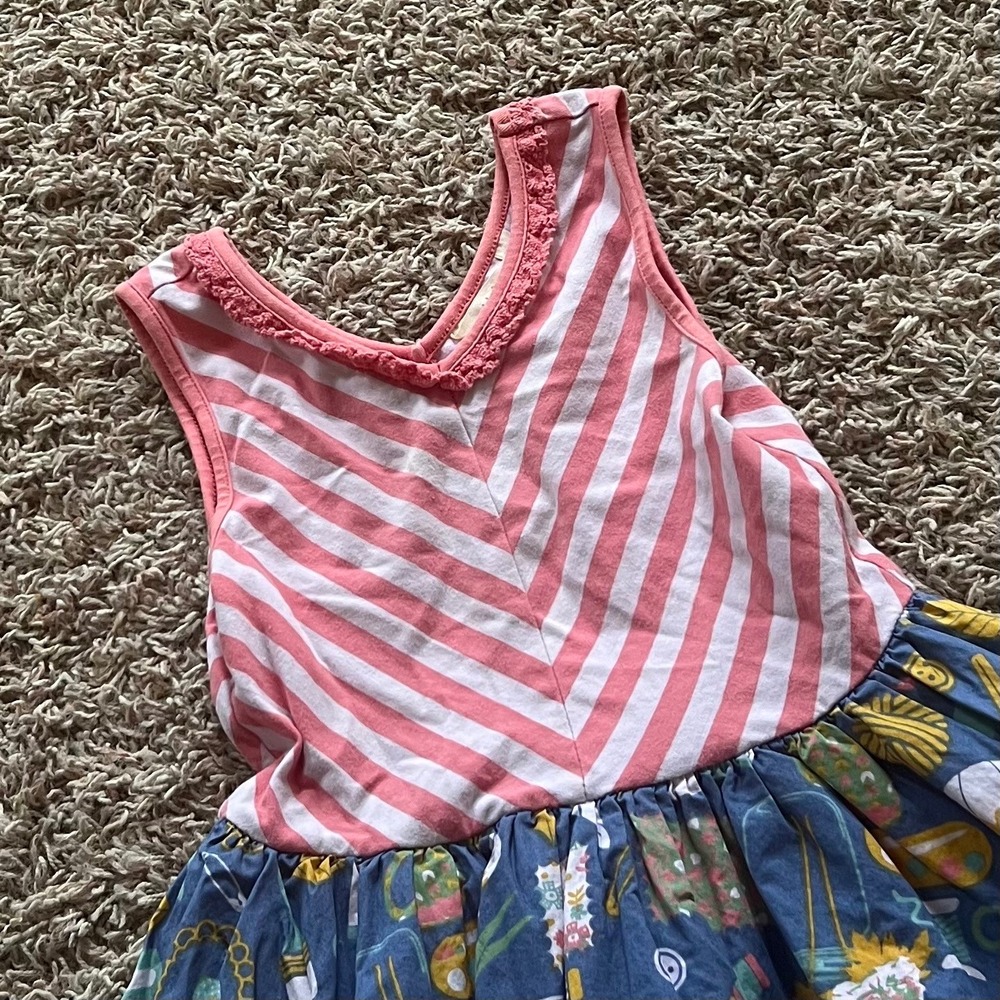 Matilda Jane Girls Pink Chevron Sewing Print Ruffle Dress Size 6
